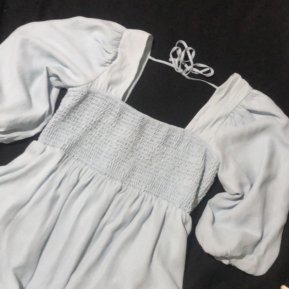 FOREVER 21 DRESS : pale blue smocked bodice , puff sleeves: